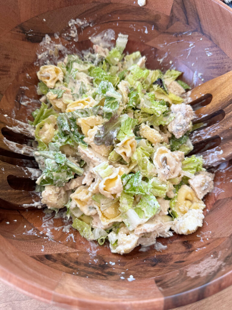 chicken tortellini salad in a bowl 