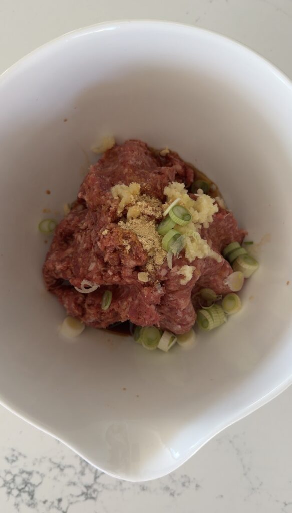 ground pork with all the seasonings in the bowl.