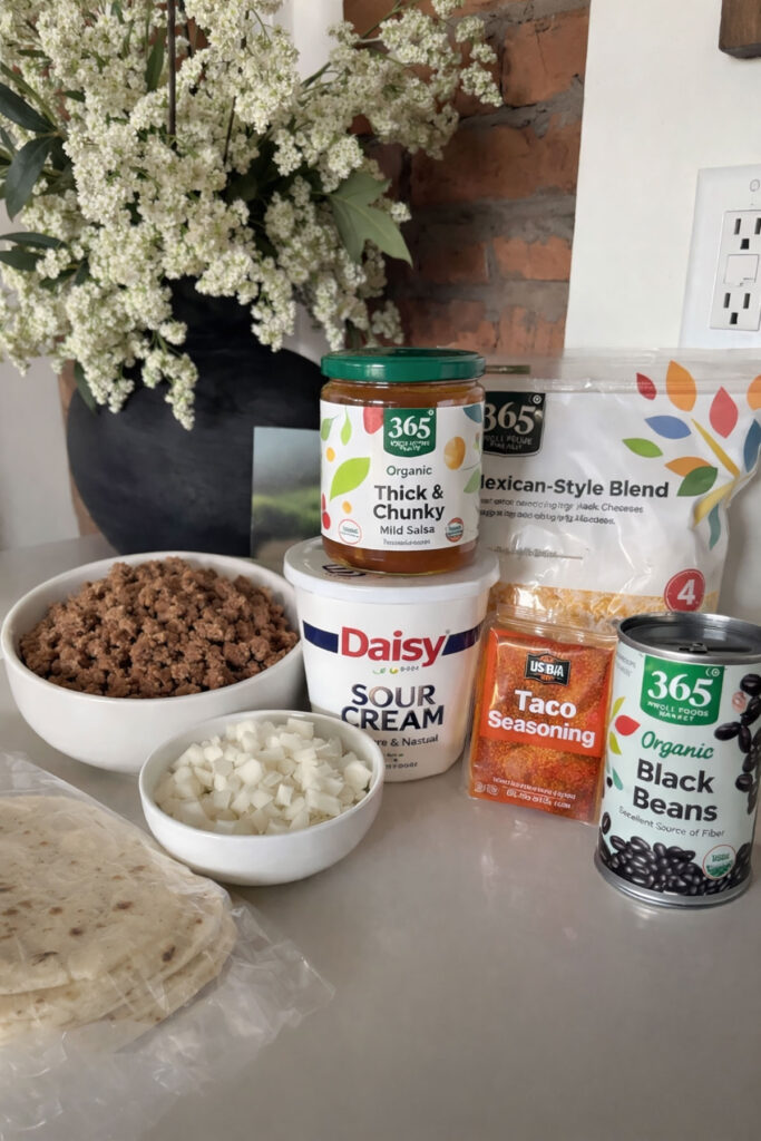sheet pan quesadilla ingredients on countertop