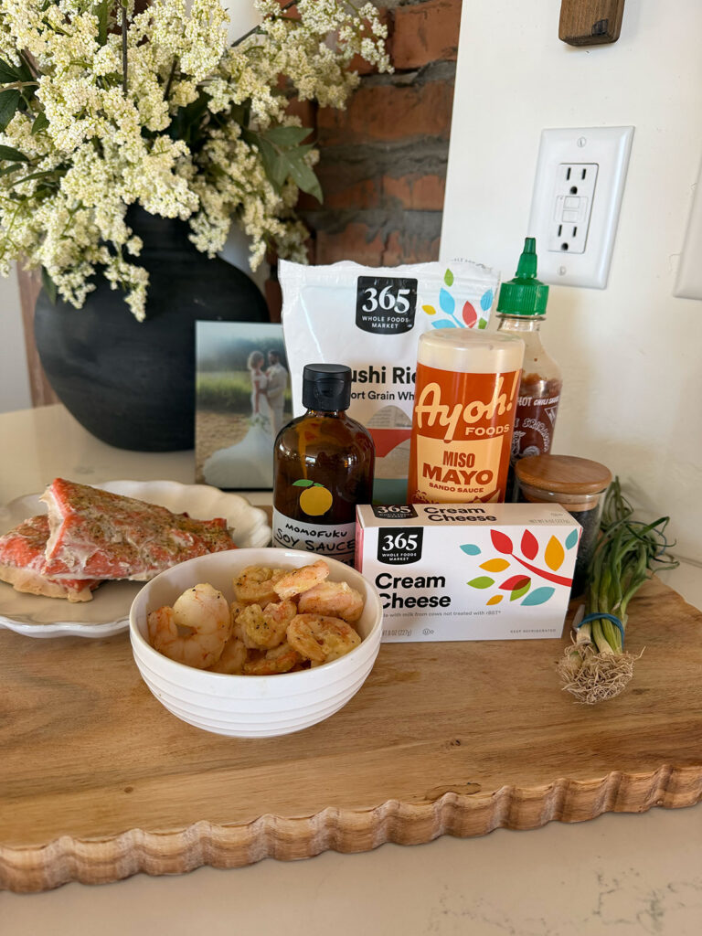 spicy salmon sushi bake ingredients on cutting board on counter