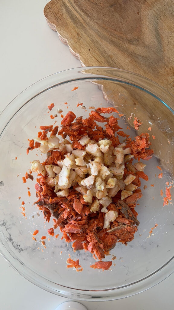 salmon and shrimp in glass bowl