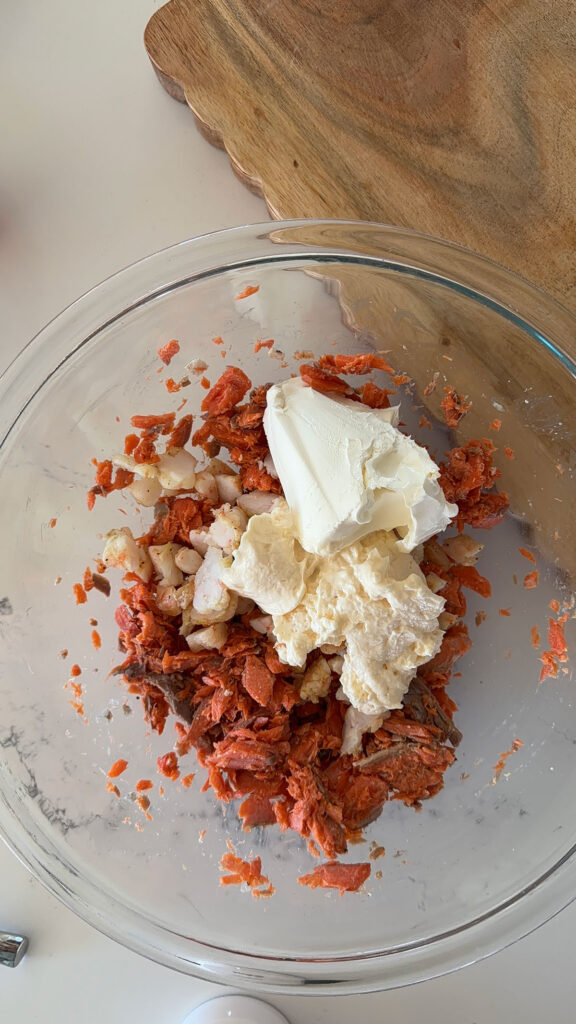 salmon and shrimp in glass bowl with cream cheese and mayonnaise