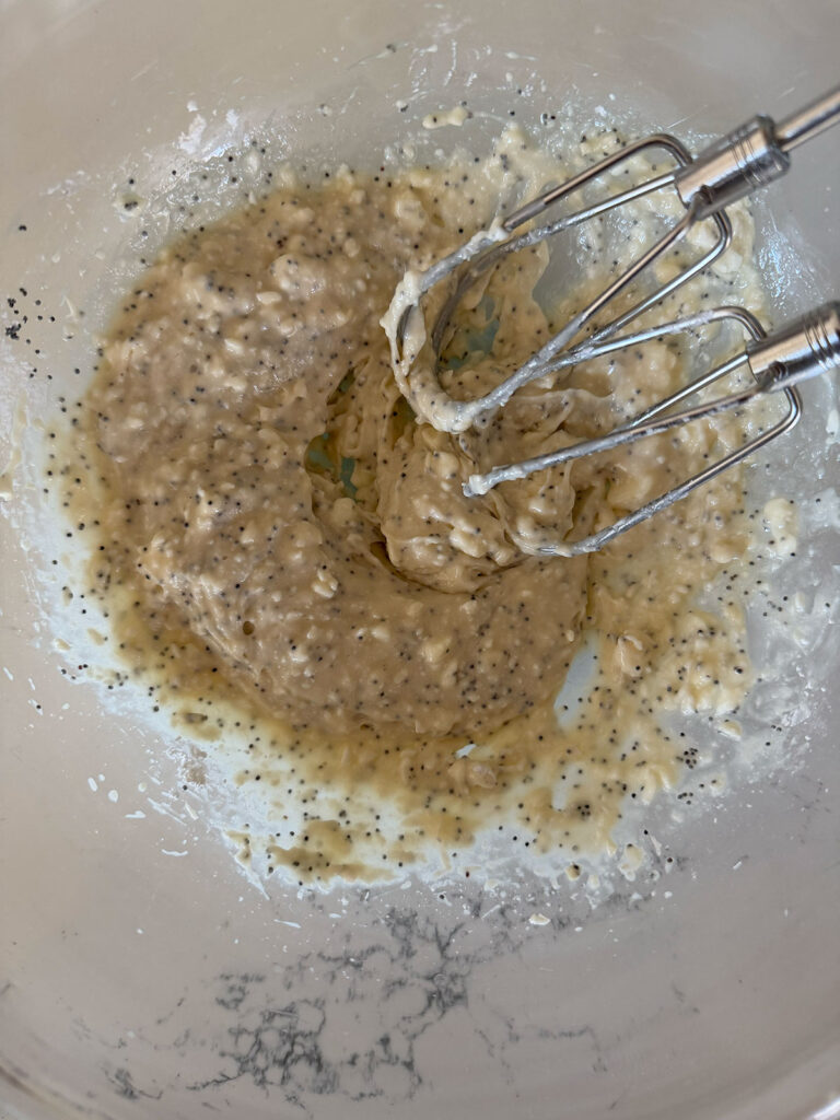 lemon poppyseed cupcake batter with mixer beaters
