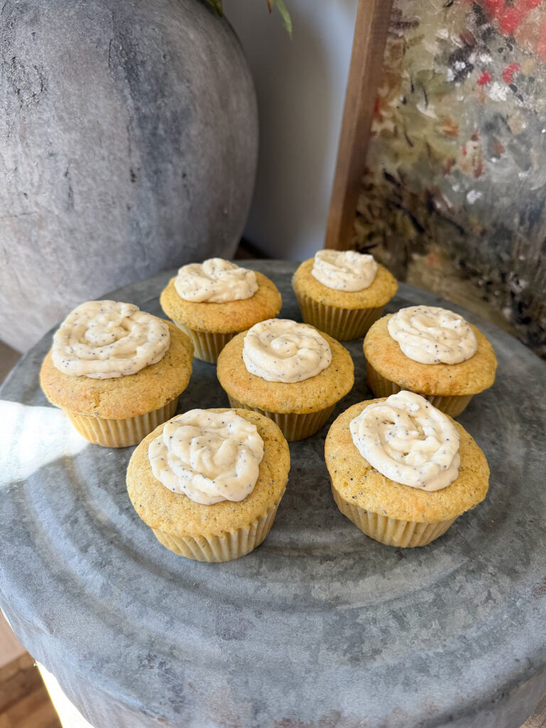 finished group of lemon poppyseed cupcakes