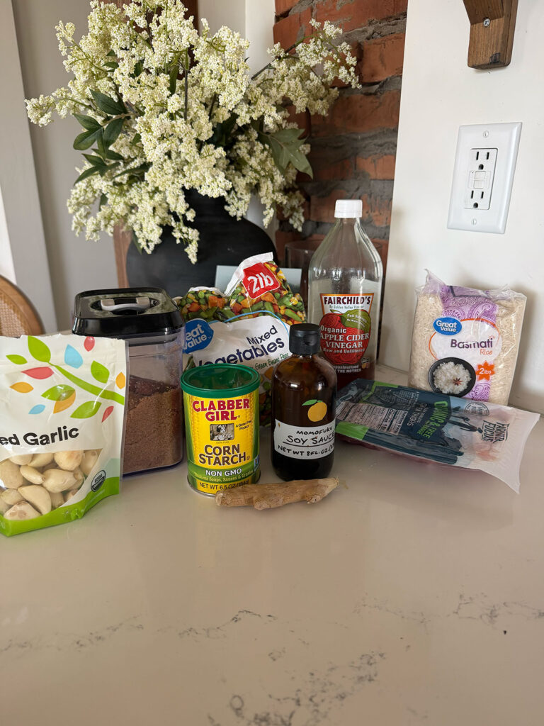 chicken teriyaki casserole ingredients on counter