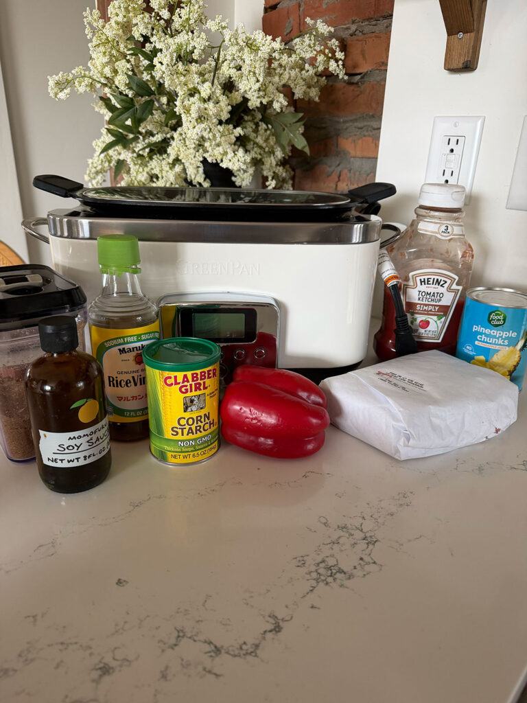 sweet and sour slow cooker pork ingredients on counter