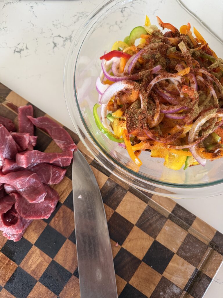prepping the veggies and meat