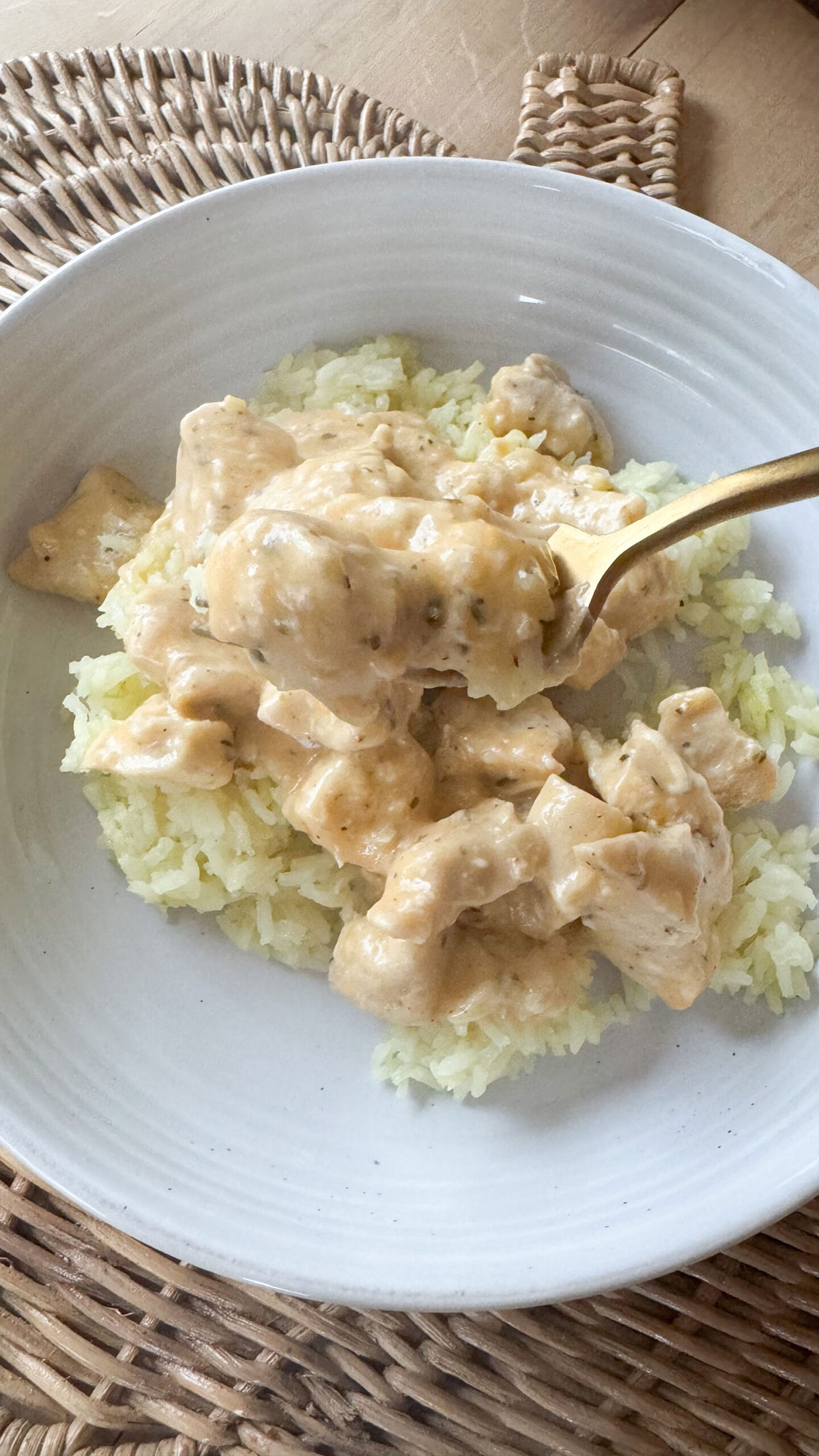 plate of creamy chicken and rice with gold forkful of food on it