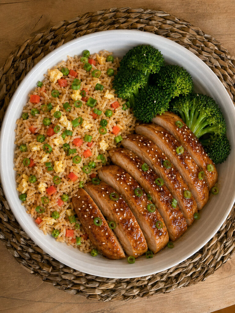 finished pretty plate of oven baked chicken teriyaki sliced and topped with sesame seeds and scallions in a white dish next to fried rice and broccoli on placemat