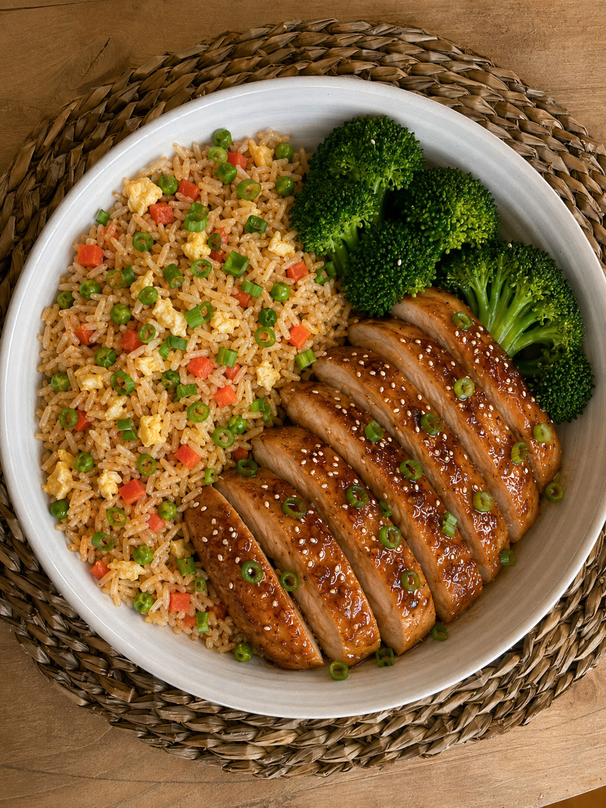 finished pretty plate of oven baked chicken teriyaki sliced and topped with sesame seeds and scallions in a white dish next to fried rice and broccoli on placemat