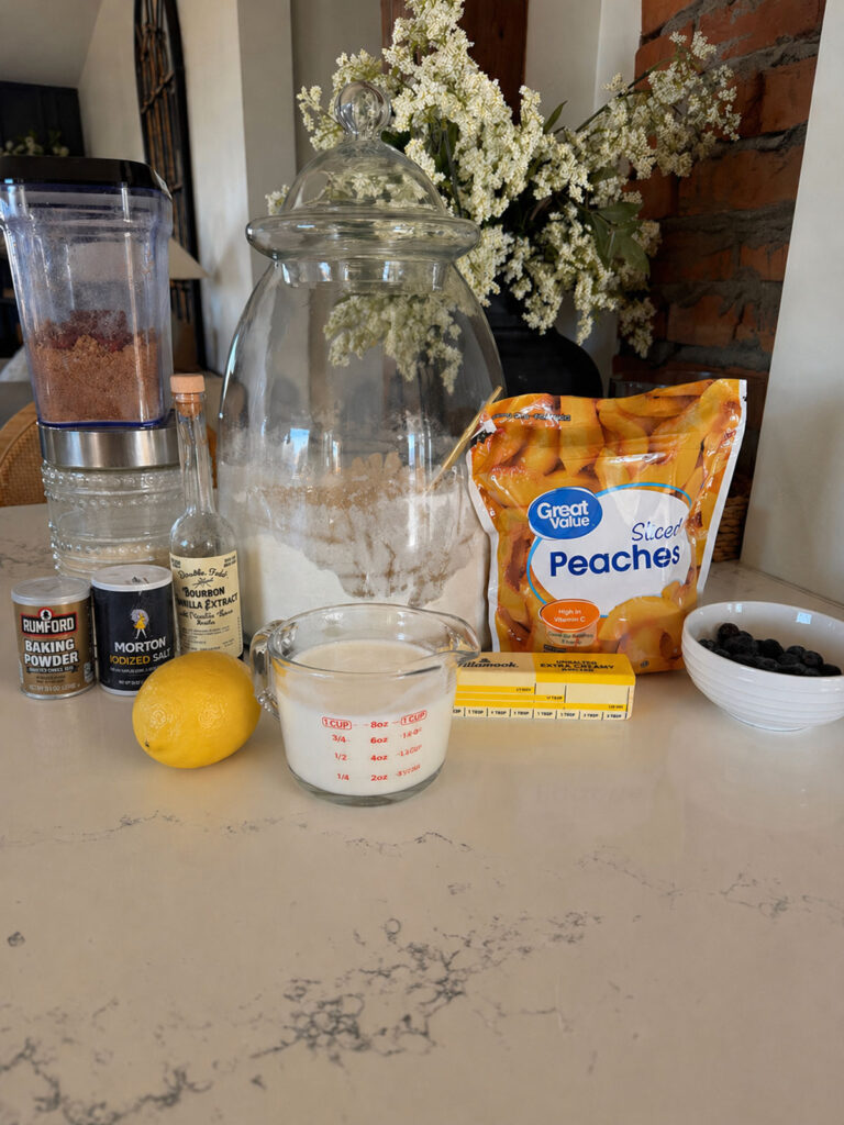 Ingredients for peach blueberry cobbler.