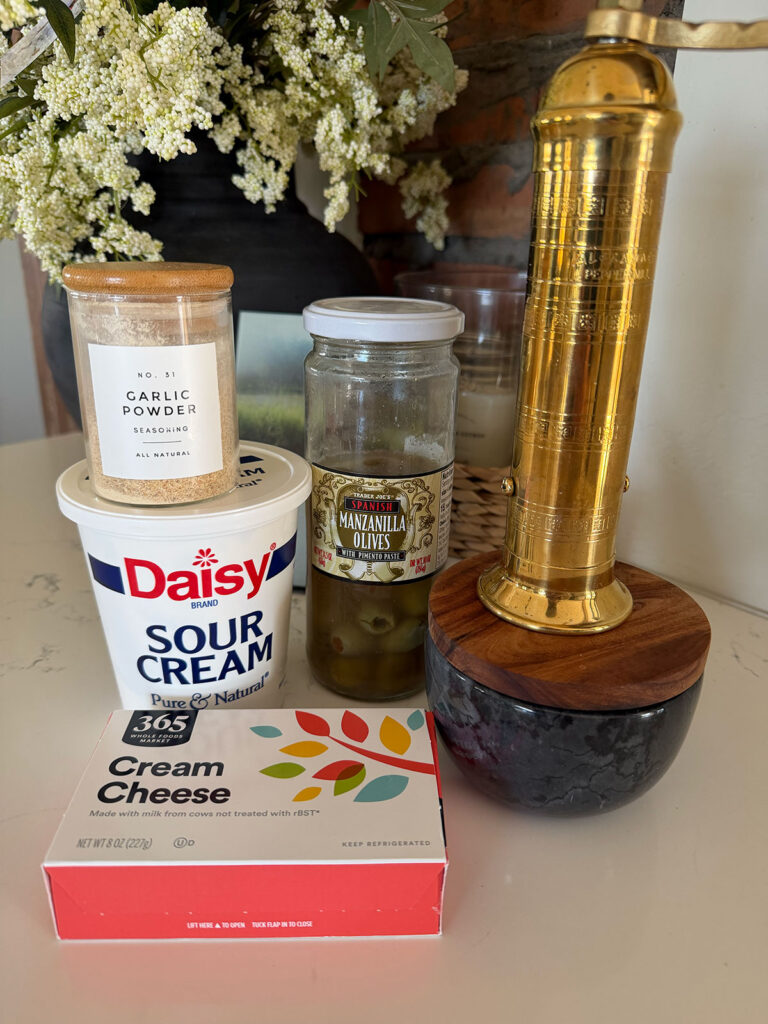 olive dip ingredients on counter