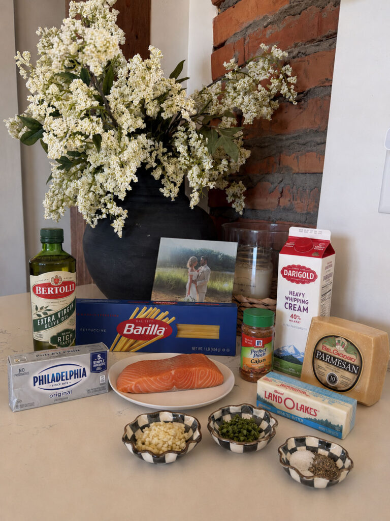 salmon alfredo ingredients on counter
