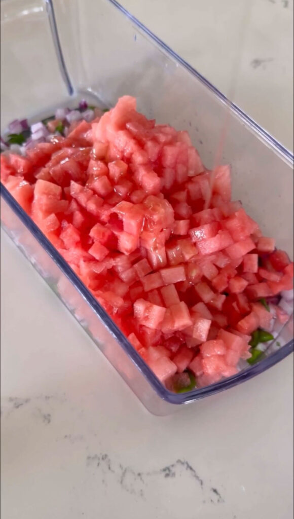 Watermelon salsa in a chopper bowl.