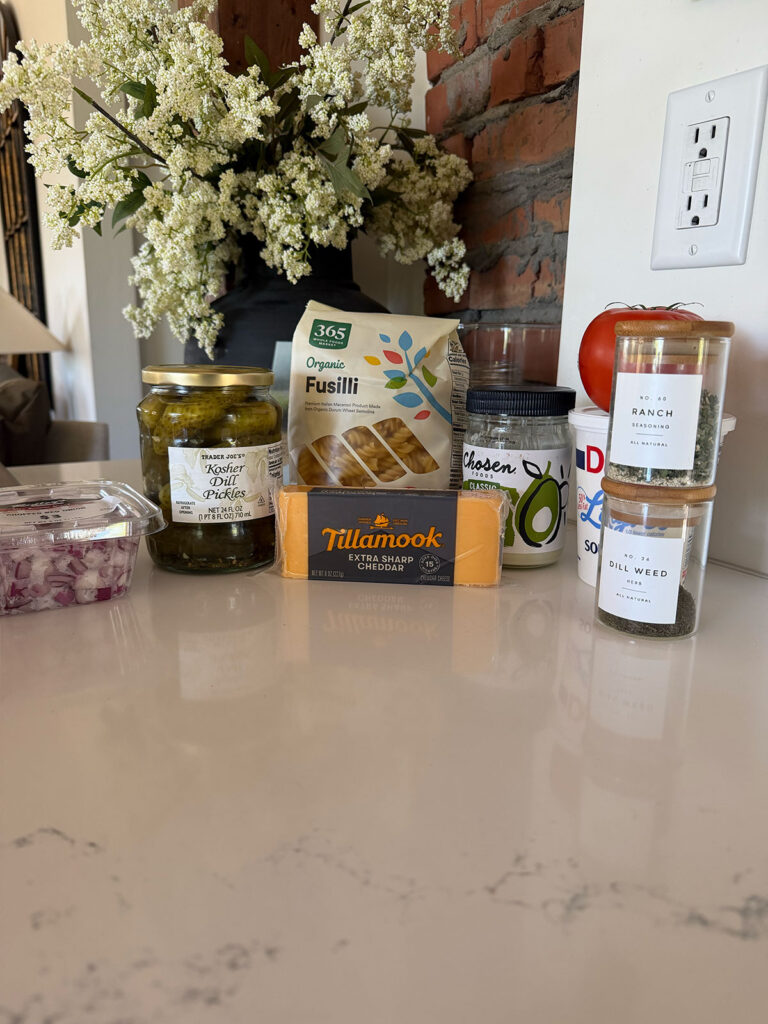 Ingredients for dill pickle pasta salad.