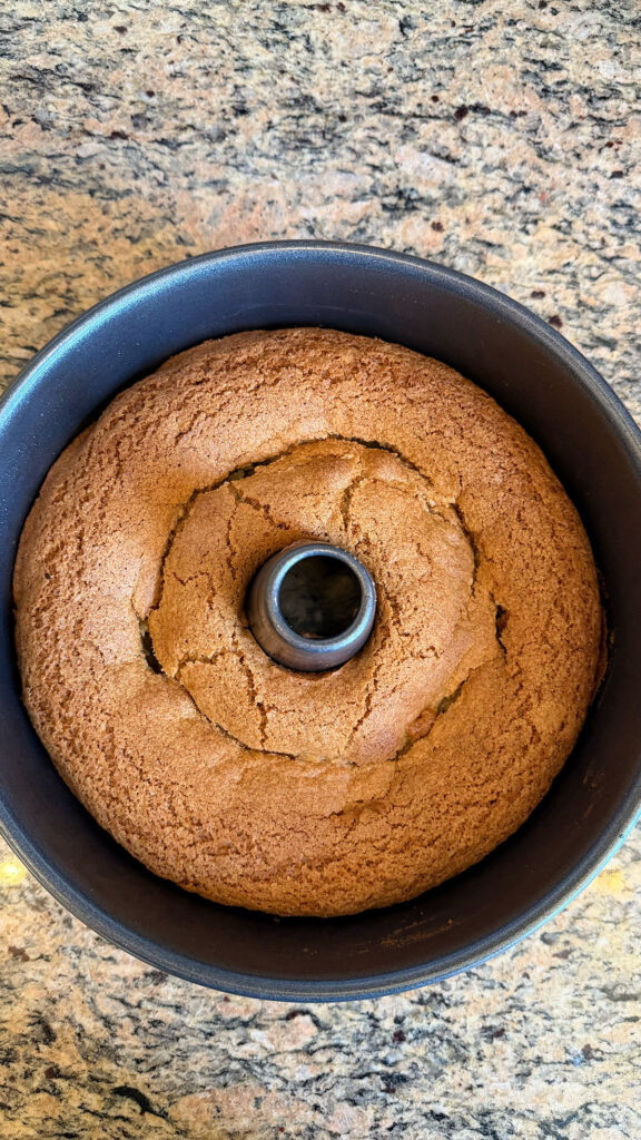 Baked strawberry bundt cake in pan,.
