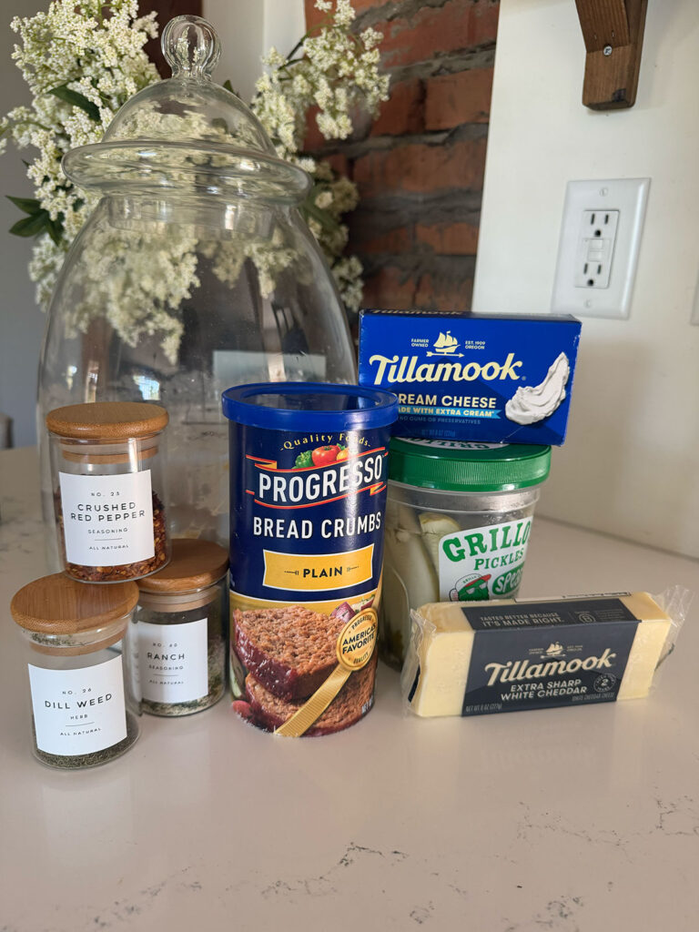 fried pickle cheese balls ingredients on counter