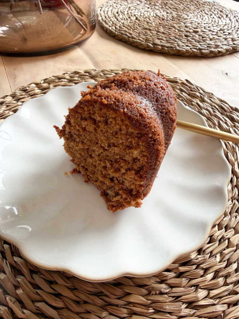 slice of applesauce cake on white plate