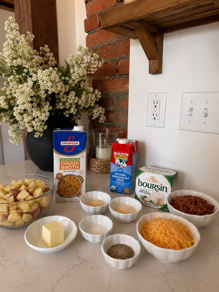 crockpot loaded mashed potatoes ingredients on counter