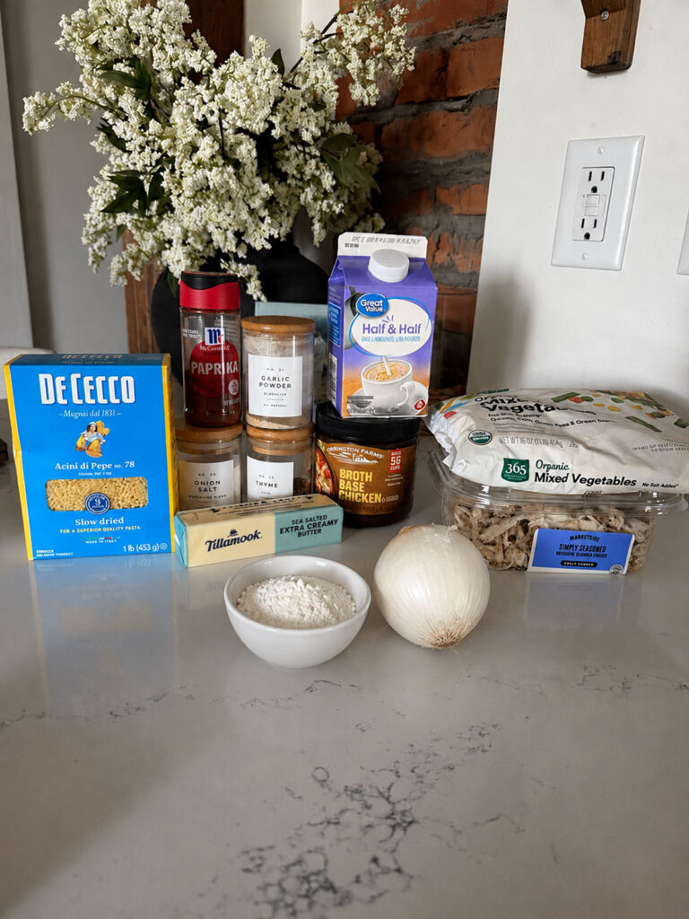 chicken pot pie orzo on counter