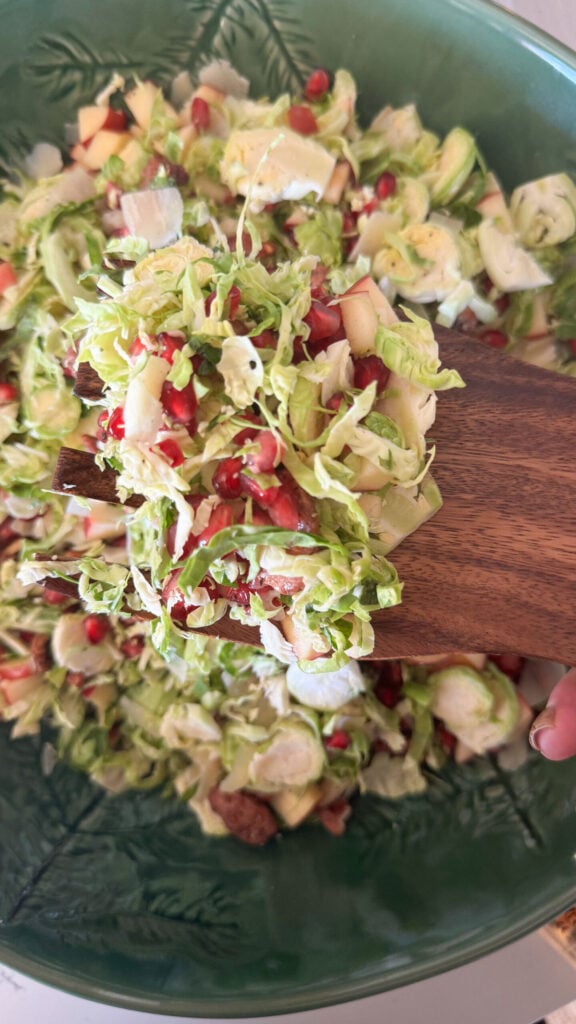 wooden spoonful of brussels sprouts salad