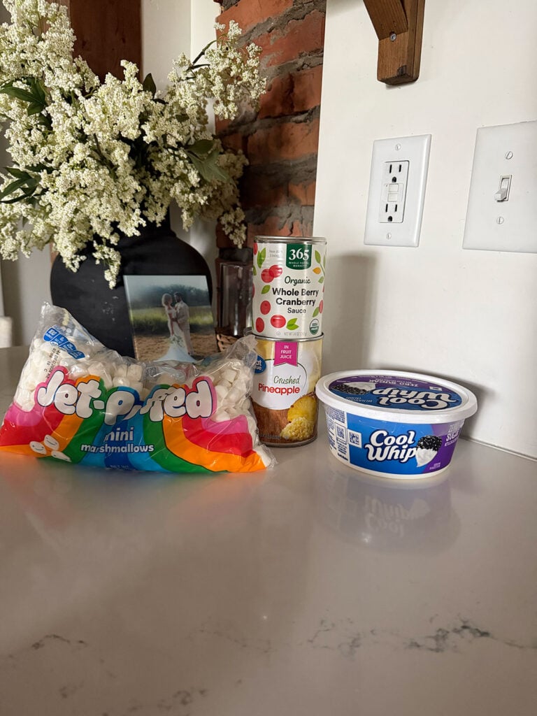 cranberry fluff ingredients on counter