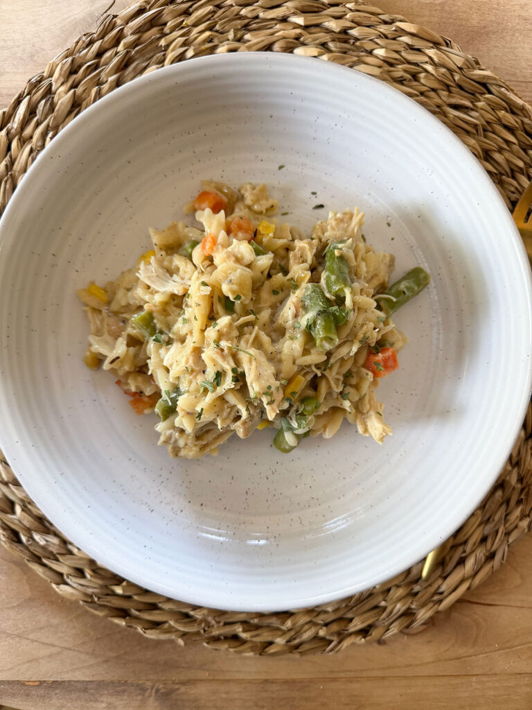 chicken pot pie orzo in white bowl