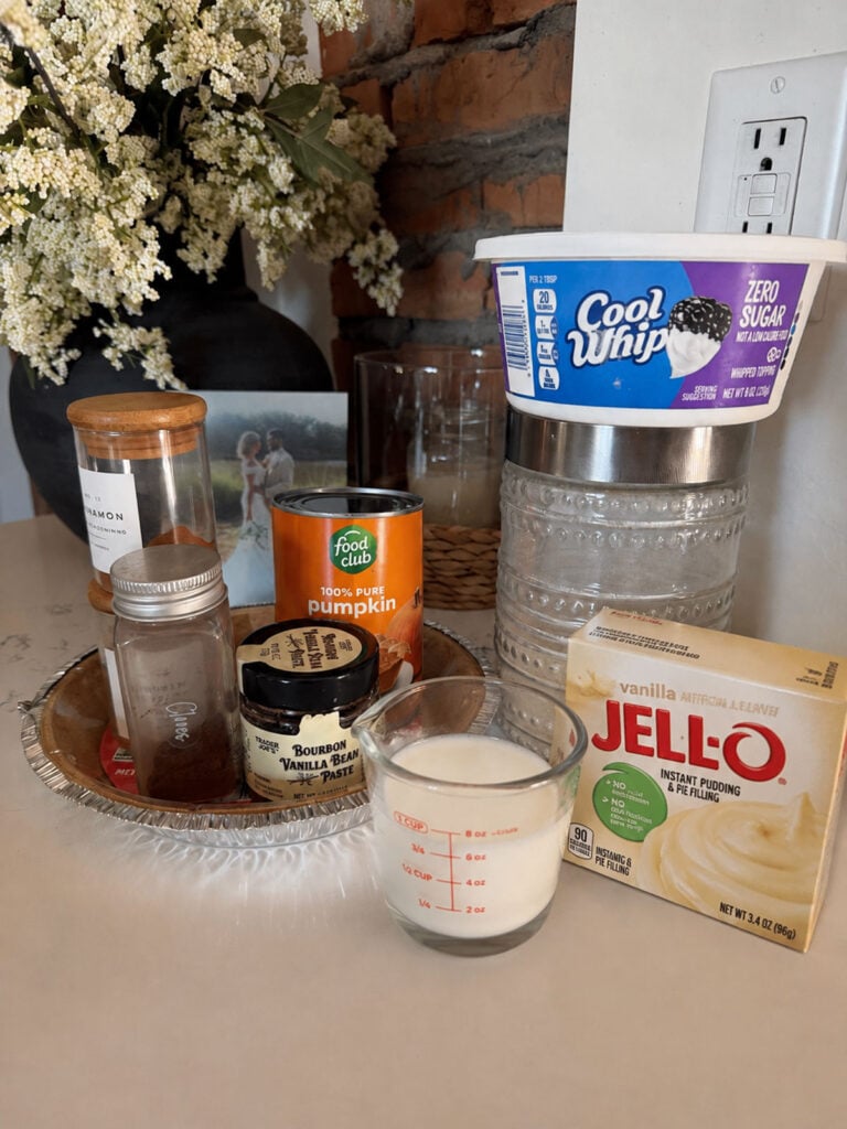 no bake pumpkin pie ingredients on white counter