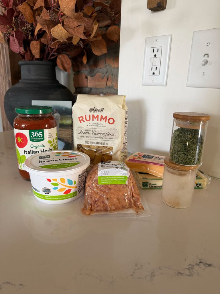 Ingredients for baked rigatoni.