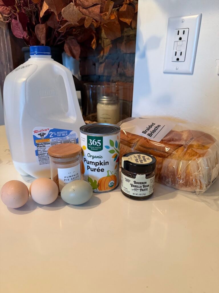 Ingredients for pumpkin french toast casserole.