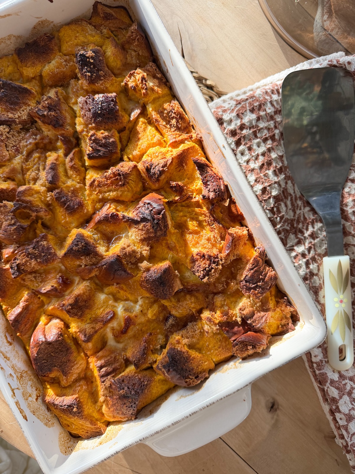 Overhead image of pumpkin french toast casserole.